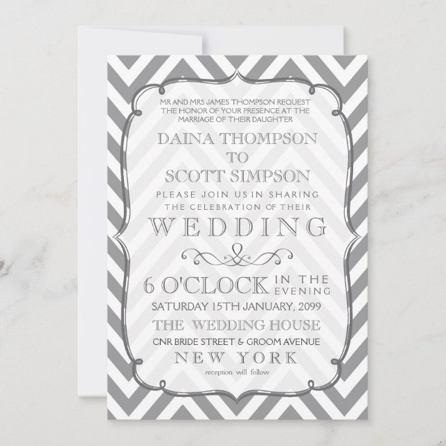 White Gray Modern Typography Chevron Wedding Invitation (Front)