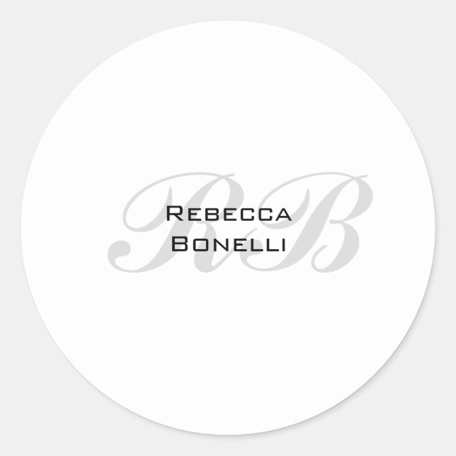 White Gray Monogram Name Initials Plain Stylish Classic Round Sticker (Front)