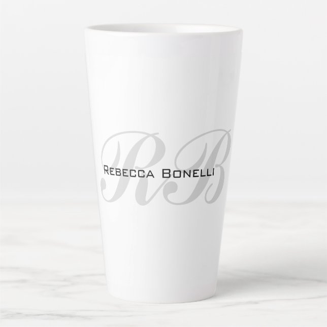 White Gray Monogram Name Initials Plain Stylish Latte Mug (Front)