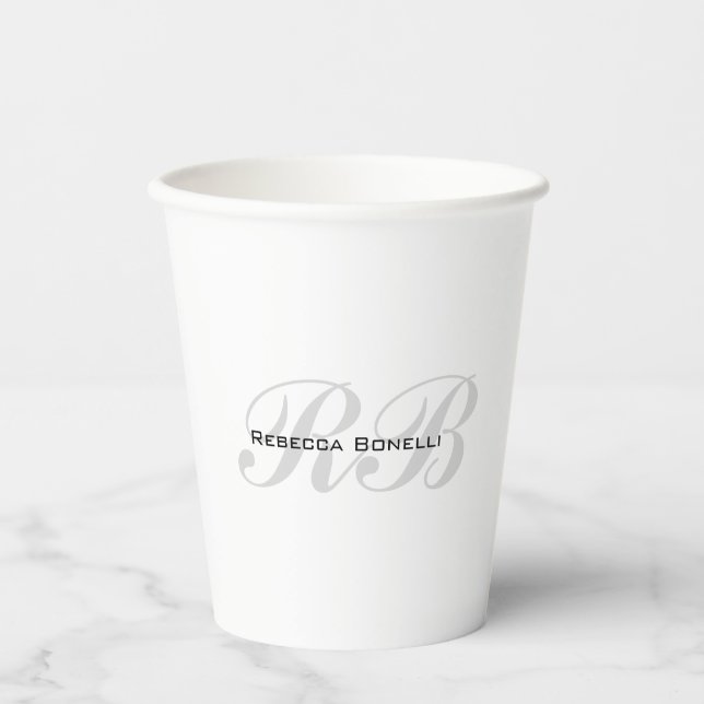 White Gray Monogram Name Initials Plain Stylish Paper Cups (Front)
