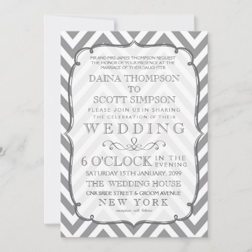 White Gray Neutral Alloy Chevron Stripes Wedding Invitation
