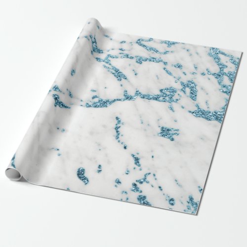 White Gray Ocean Blue Glitter Carrara Marble Stone Wrapping Paper