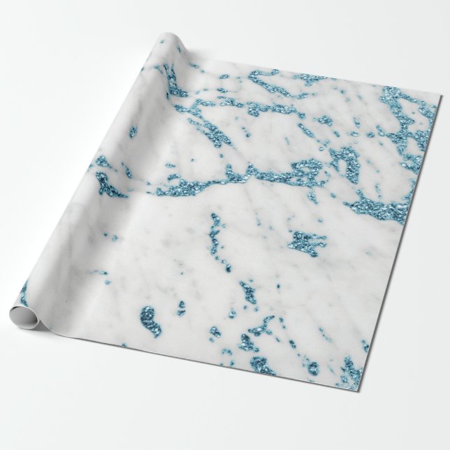 White Gray Ocean Blue Glitter Carrara Marble Stone Wrapping Paper (Unrolled)