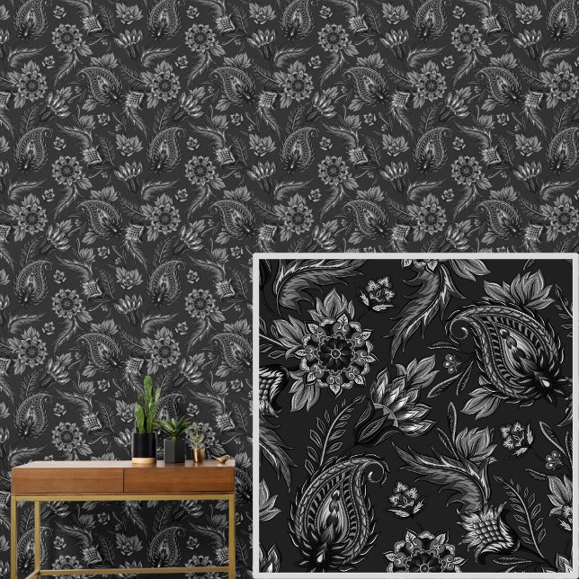 White Gray on Black  Floral Paisley Elegant  Wallpaper (Creator Uploaded)