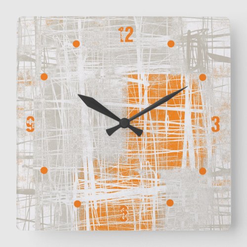 White gray orange abstract square wall clock
