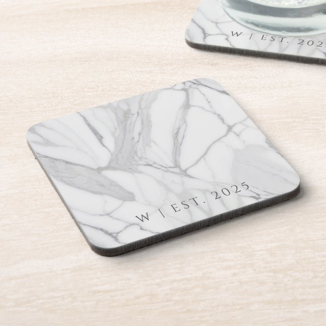 White Gray Personalized Marble Texture Family  Beverage Coaster (Left Side)