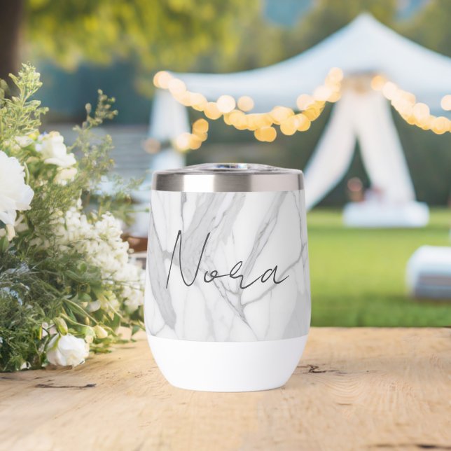 White Gray Personalized Marble Texture Thermal Wine Tumbler (Wedding (Rotated))