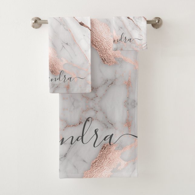 White Gray Pink Rose Gold Marble Elegant Modern Bath Towel Set (Insitu)