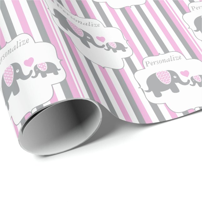 White, Gray & Pink Stripe Elephants Baby Shower Wrapping Paper (Roll Corner)