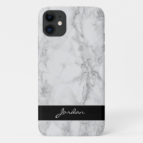 White  Gray Polished Marble Stone with Name iPhone 11 Case