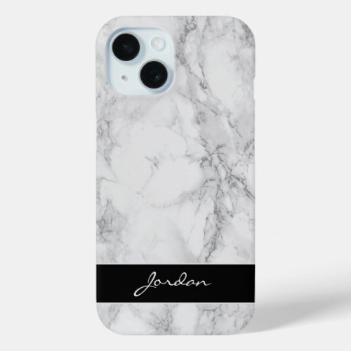 White  Gray Polished Marble Stone with Name iPhone 15 Case