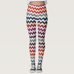 White Gray Red Chevron Pattern Burlap Look Leggings