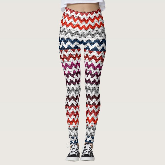 White Gray Red Chevron Pattern Burlap Look Leggings (Front)