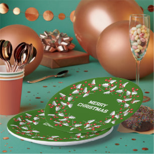 White Gray & Red Christmas Wreath On Black Paper Plates