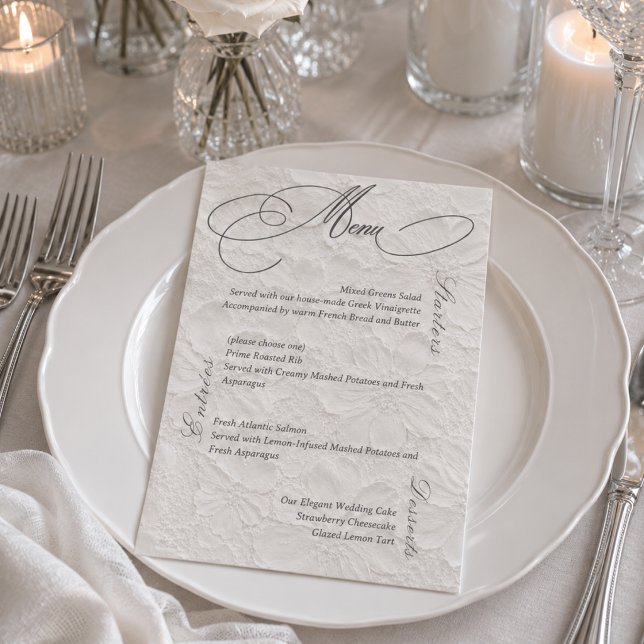 White Gray Romantic Floral Wedding Menu Card (Creator Uploaded)