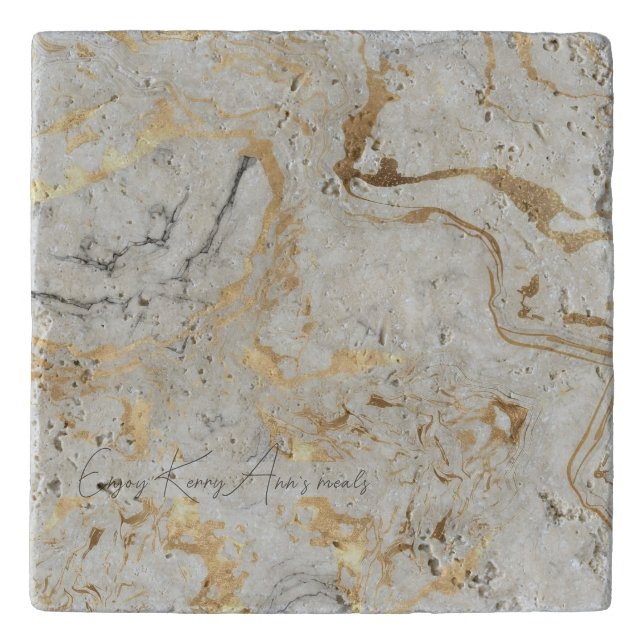 White Gray Sand faux golden Marble texture custom Trivet (Front)