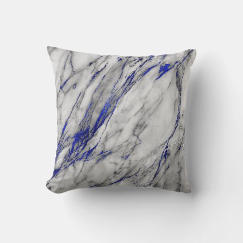 White Gray Sapphire Blue Navy Marble Glam Throw Pillow