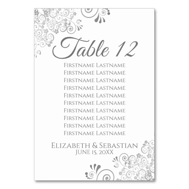 White & Gray Silver Frills Wedding Seating Chart Table Number (Front)