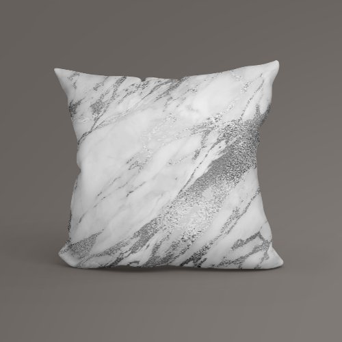 White Gray Silver Glam Marble Throw Pillow
