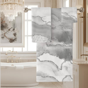 White Gray Silver Glitter Agate Elegant Bath Towel Set
