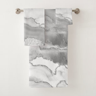 White Gray Silver Glitter Agate Elegant Bath Towel Set