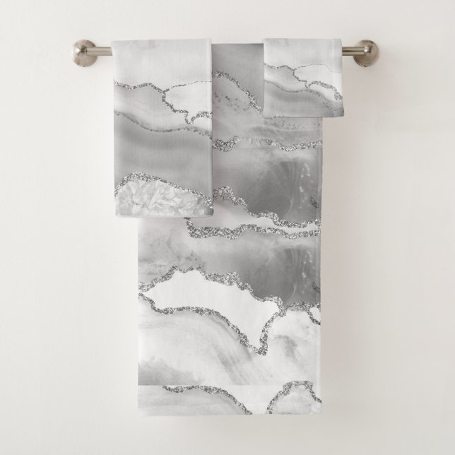 White Gray Silver Glitter Agate Elegant Bath Towel Set (Insitu)