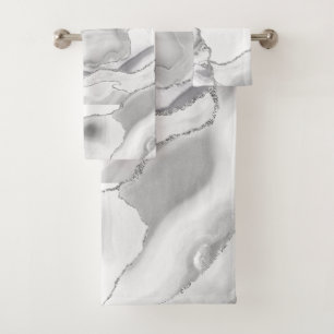 White Gray Silver Glitter Agate Elegant Bath Towel Set