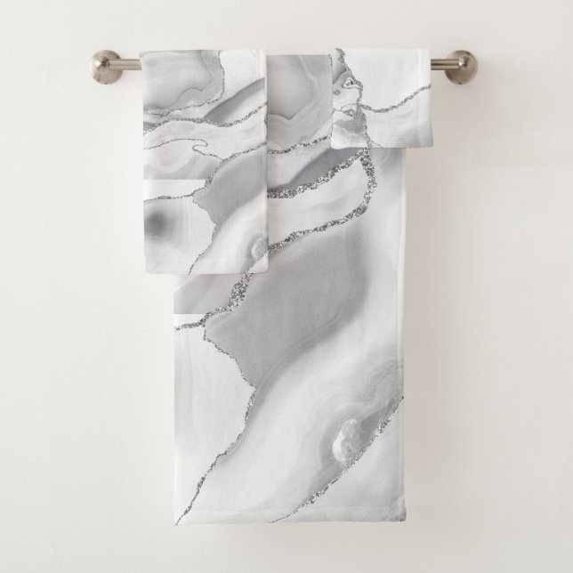 White Gray Silver Glitter Agate Elegant Bath Towel Set (Insitu)