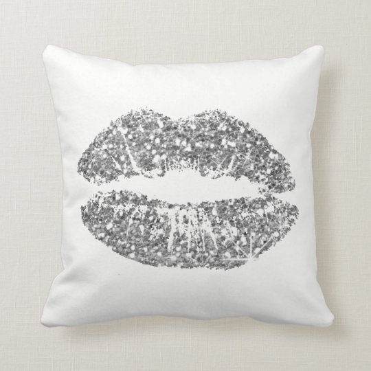 White Gray Silver Glitter Kiss Lips Makeup Sparkly Throw Pillow