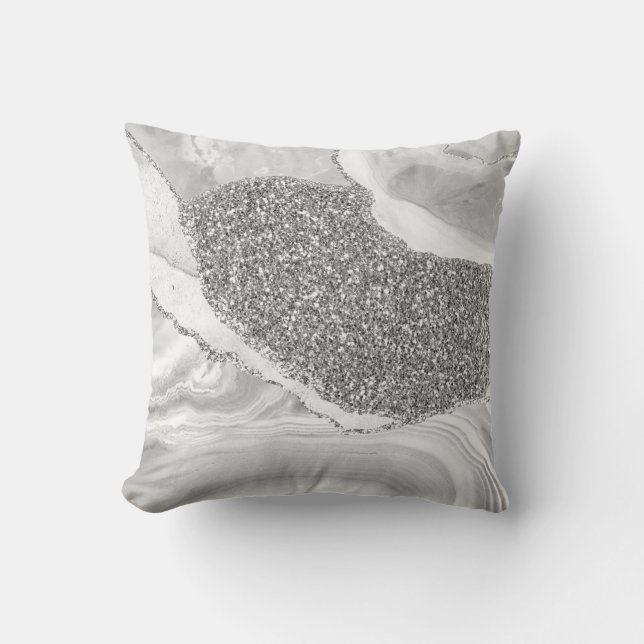 White Gray Silver Glitter Luxury Agate Geode Throw Pillow (Front)
