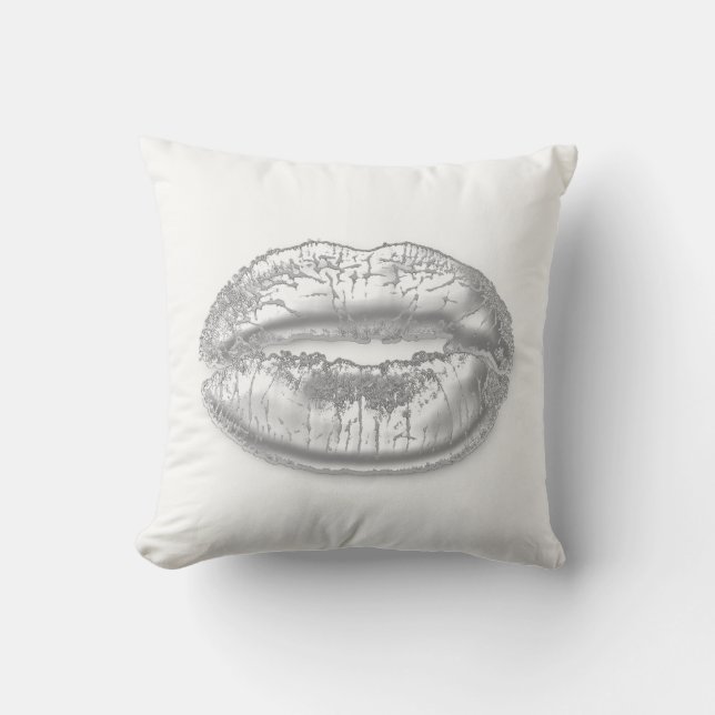 White Gray Silver Kiss Lips Makeup Artist Sparkly Throw Pillow (Front)