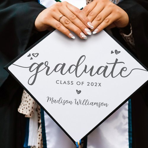 White Gray Simple Modern Elegant Script Hearts Graduation Cap Topper