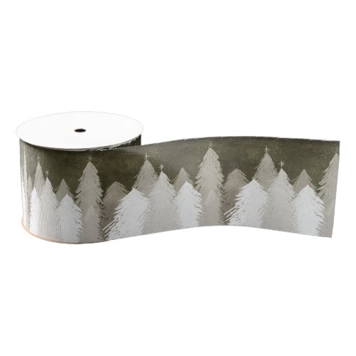 White  Gray Snow_Covered Pine Trees Chalkboard Grosgrain Ribbon