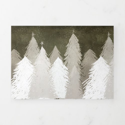 White  Gray Snow_Covered Pine Trees Chalkboard Tri_Fold Holiday Card