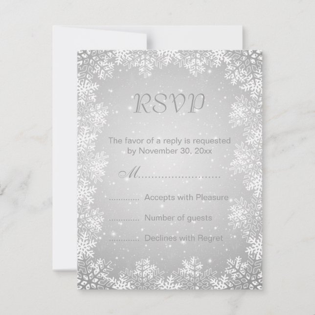 White gray snowflakes winter wedding RSVP (Front)