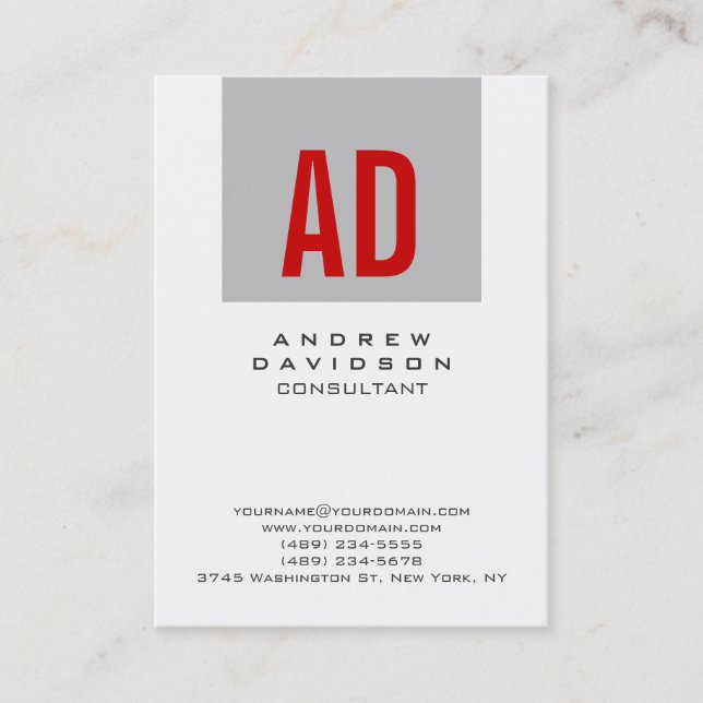 White Gray Stripe Red Monogram Business Card (Front)