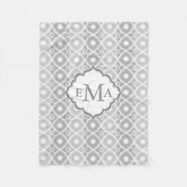 White & Gray Stripes & Quatrefoil Geometric Fleece Blanket (Front)