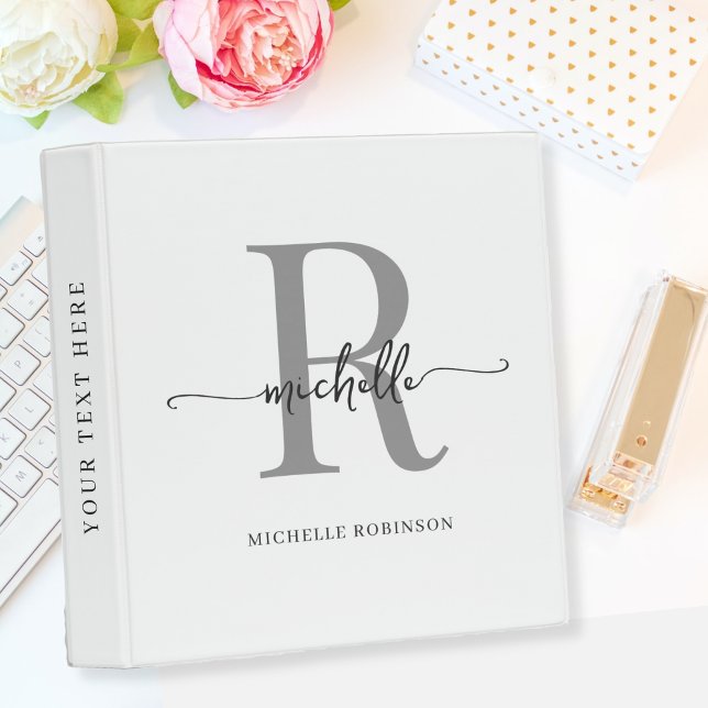 White Gray Stylish Script Monogram Office School 3 Ring Binder (Creator Uploaded)