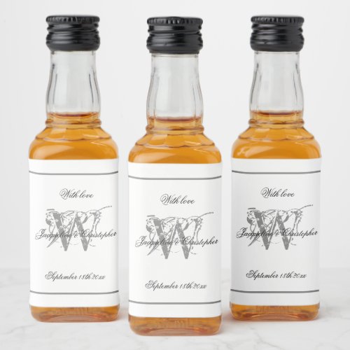 White  Gray Stylish Wedding Elegant Monogram Mini Liquor Bottle Label