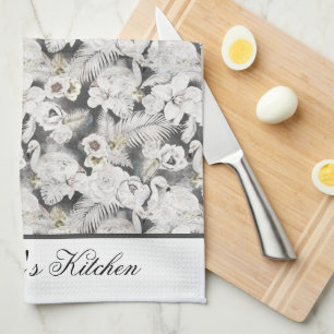 White Gray Swans Flowers Floral Elegant Stylish   Kitchen Towel