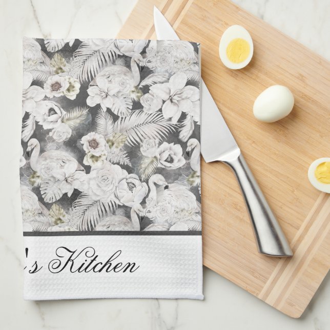 White Gray Swans Flowers Floral Elegant Stylish   Kitchen Towel (Quarter Fold)