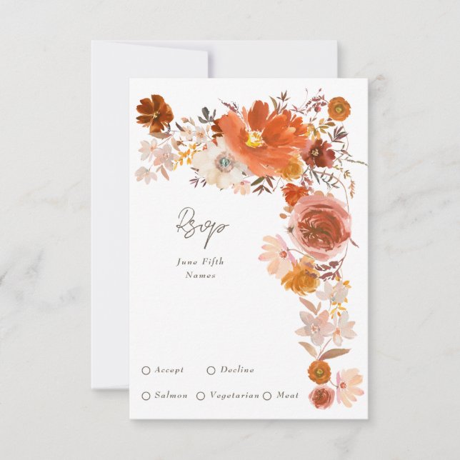 White Gray Terracotta Floral Wreath Wedding RSVP Card (Front)