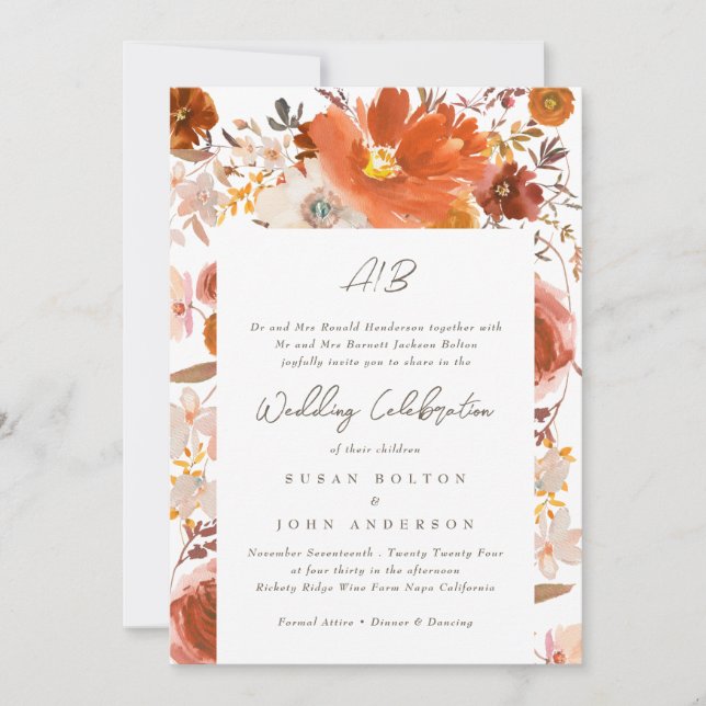White Gray Terracotta Monogram Floral Border Invitation (Front)