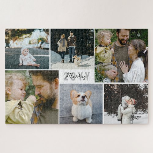 White Gray Year  Family Name Photo Collage Jigsaw Puzzle