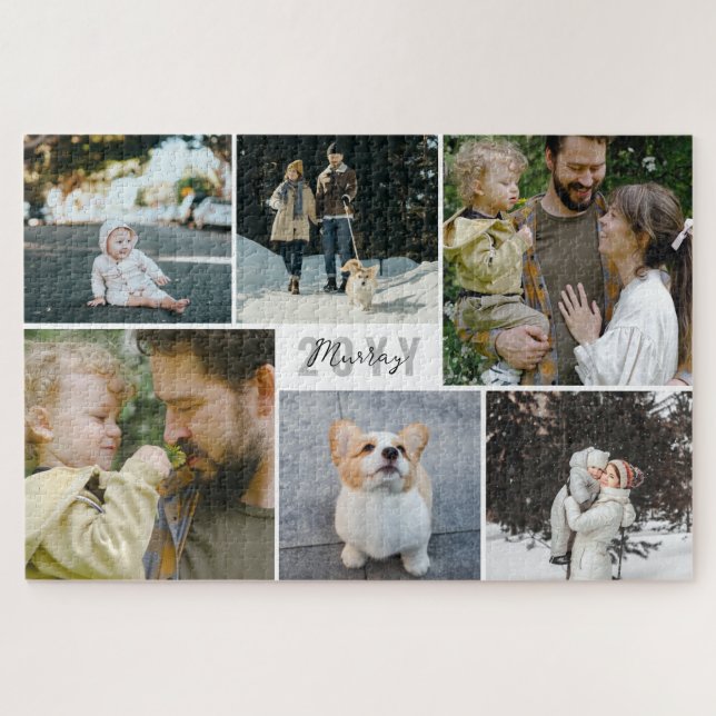 White Gray Year & Family Name Photo Collage Jigsaw Puzzle (Horizontal)