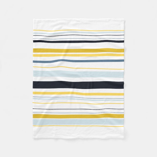 White Gray Yellow Navy Blue Stripes Fleece Blanket (Front)