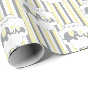 White, Gray & Yellow Stripe Elephants Baby Shower Wrapping Paper