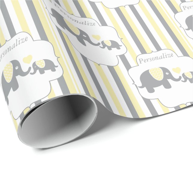 White, Gray & Yellow Stripe Elephants Baby Shower Wrapping Paper (Roll Corner)