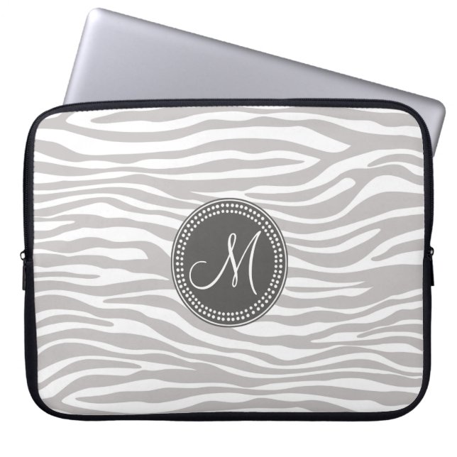 White & Gray Zebra Monogram Pattern Laptop Sleeve (Front)