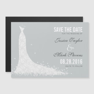 White & GrayLace Wedding Dress Save The Date Magnetic Invitation